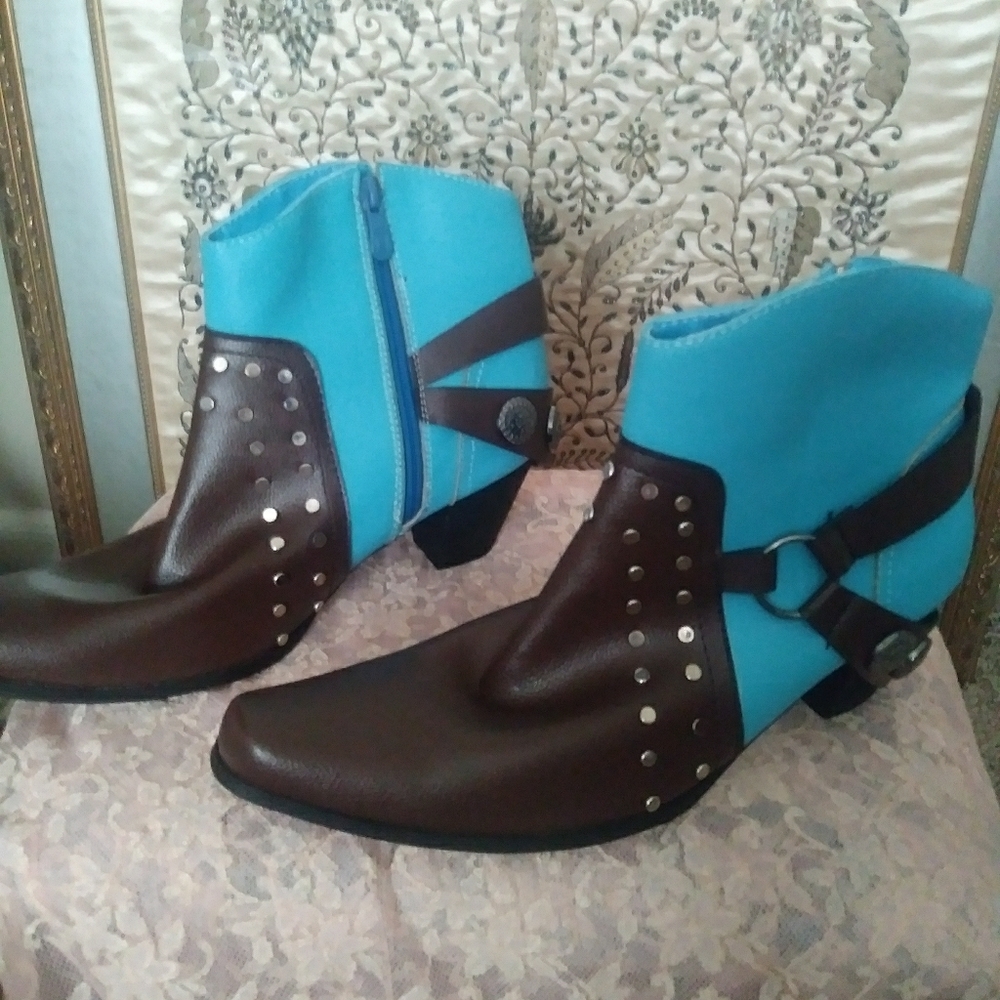 Aqua and brown western style short boots